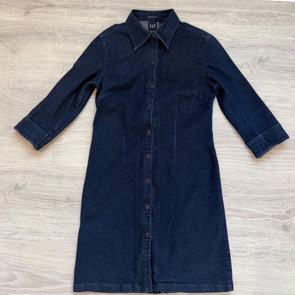 Vintage Gap Womens Dark Wash Denim Stretch Button Down Shirt Dress Blue Size 8